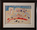 Framed abstract artwork with colorful lines and shapes on a white background